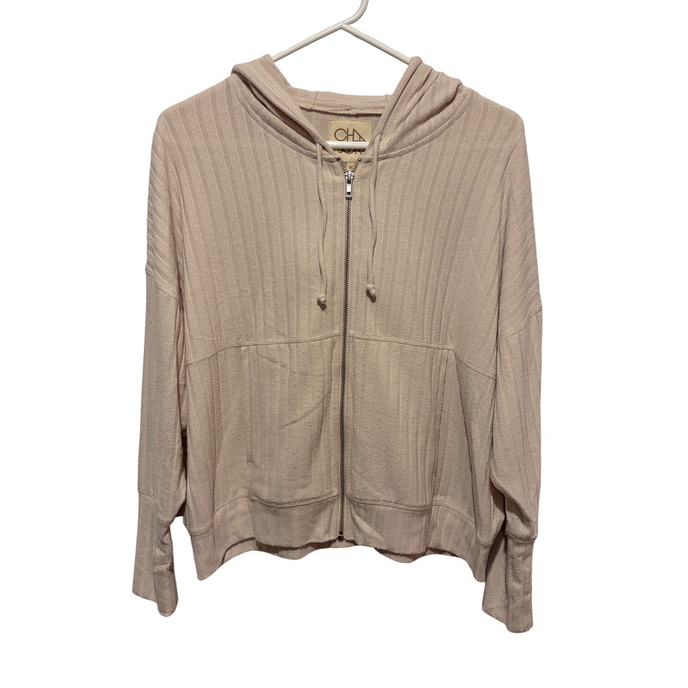 Chaser Womens Ribbed Knit Zip Up Hoodie Beige CW8554 Size Medium